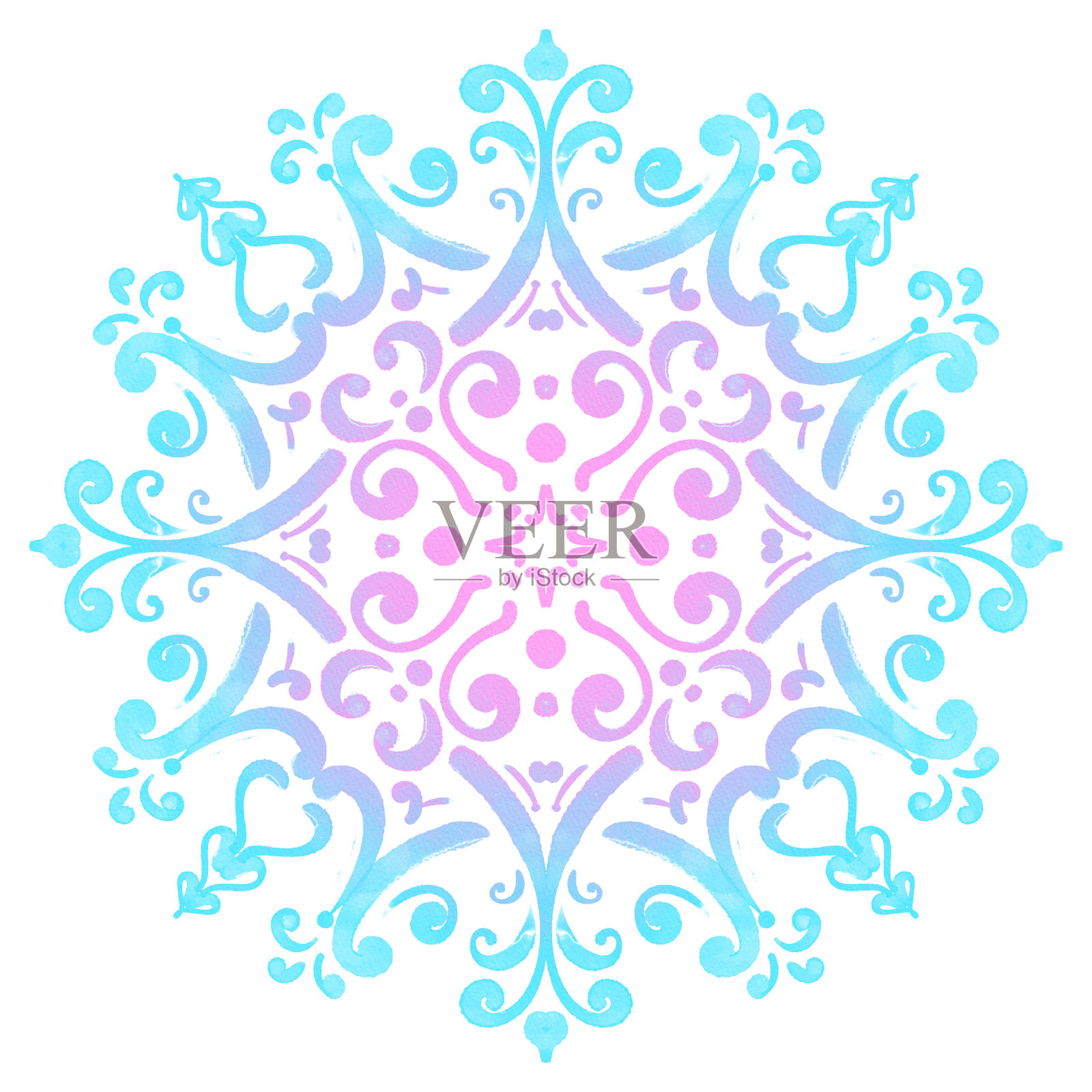 梯度雪花圣诞新年。抽象的冬季水彩瓷砖装饰与精致的颜色-蓝色,绿松石,粉红色,紫色。冰冷的无缝图案在一个白色的背景。大的格式。插画图片素材