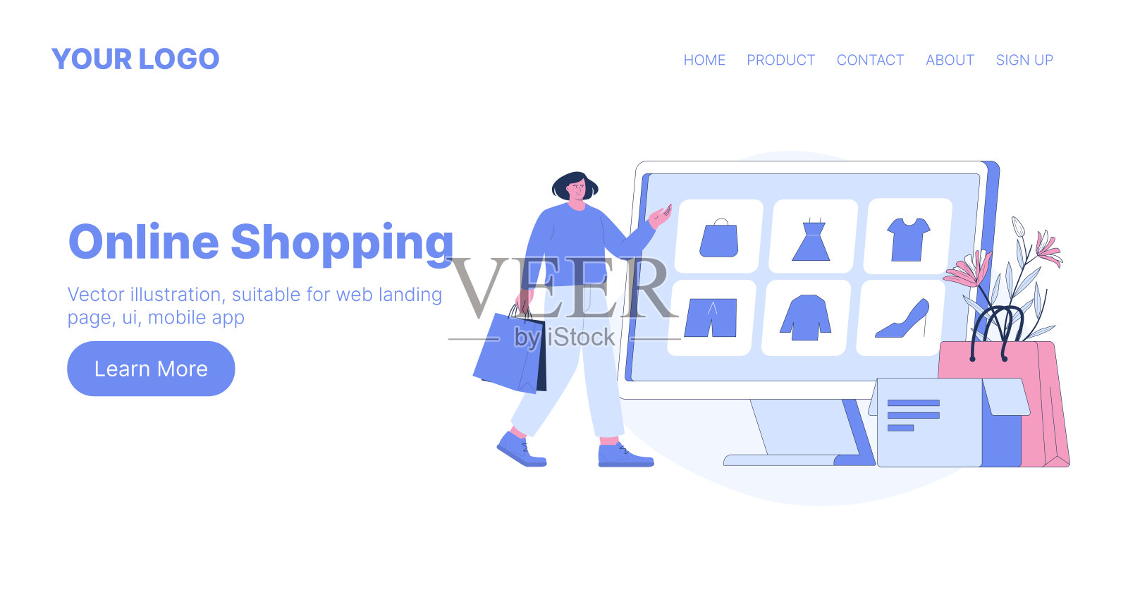 在线购物。网页登陆页设计。平面卡通矢量插图。插画图片素材