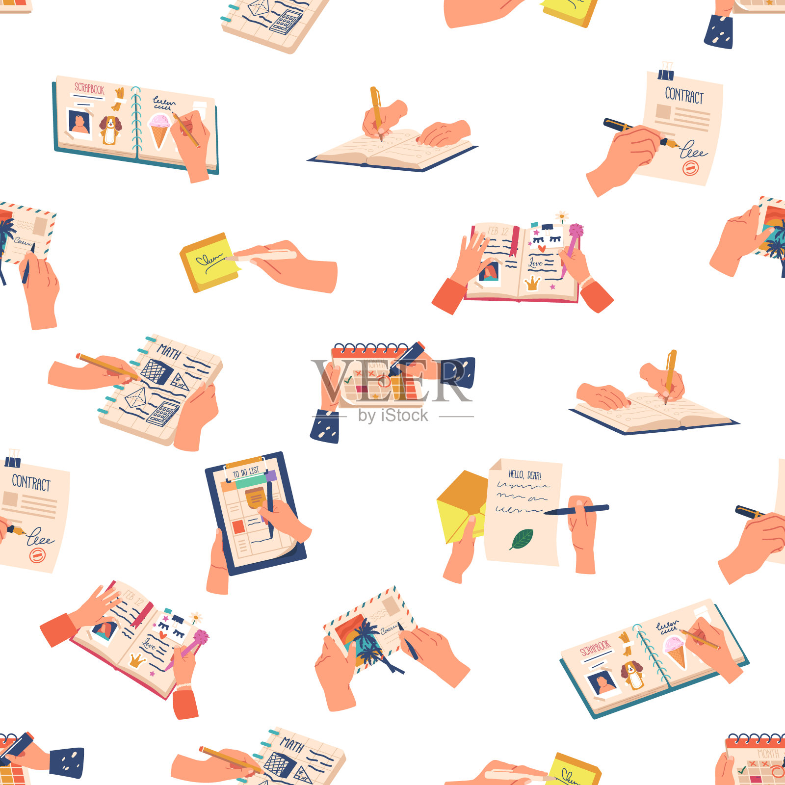 在记事本,日历,相册,日记,明信片中具有不同手制作彩色笔记的无缝图案插画图片素材