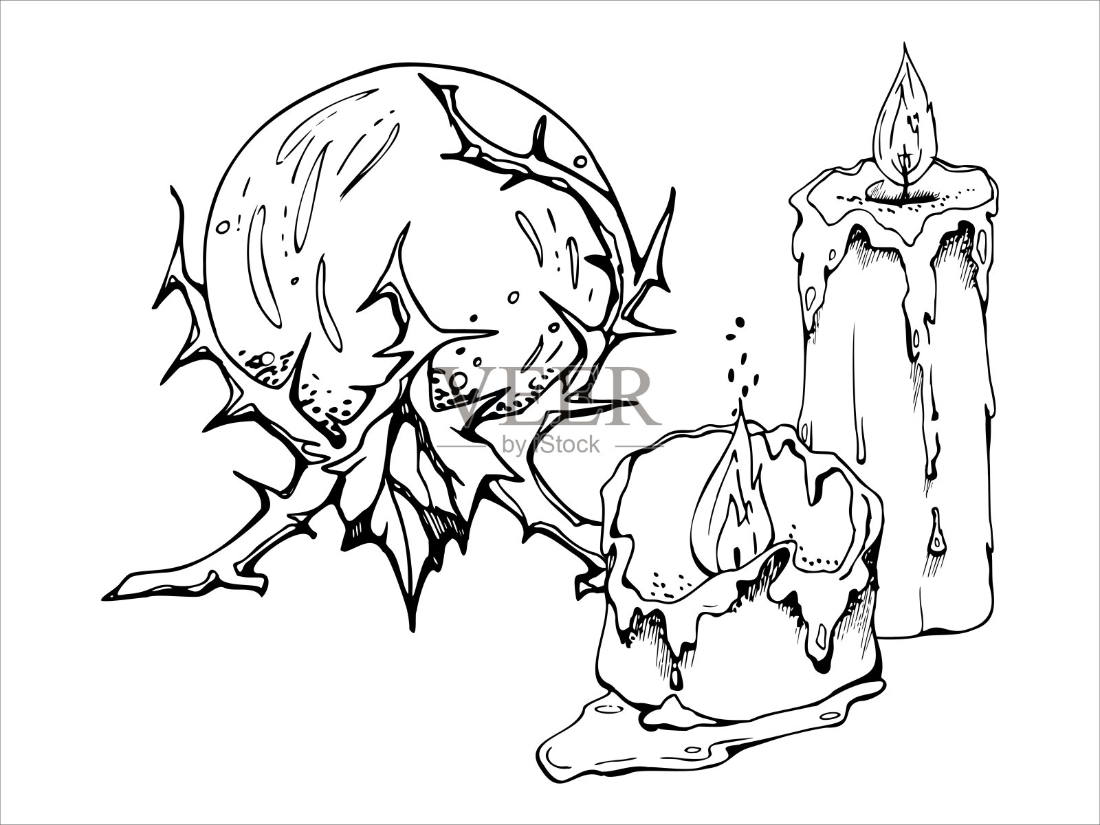手绘墨水矢量巫婆蜡蜡烛,魔法水晶球。素描插图艺术为万圣节派对,巫术。孤立的作文大纲。设计商店,标志,印刷品,网站,卡片,小册子插画图片素材
