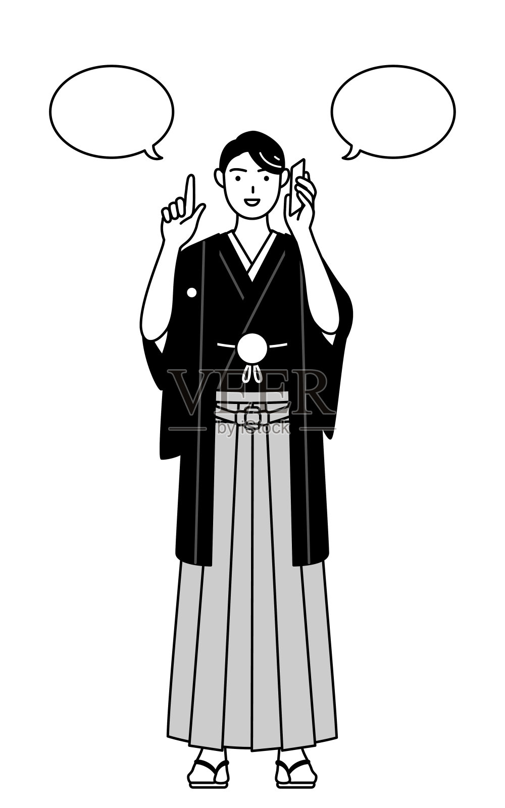 一名男子在打电话时穿着带帽徽的袴。插画图片素材