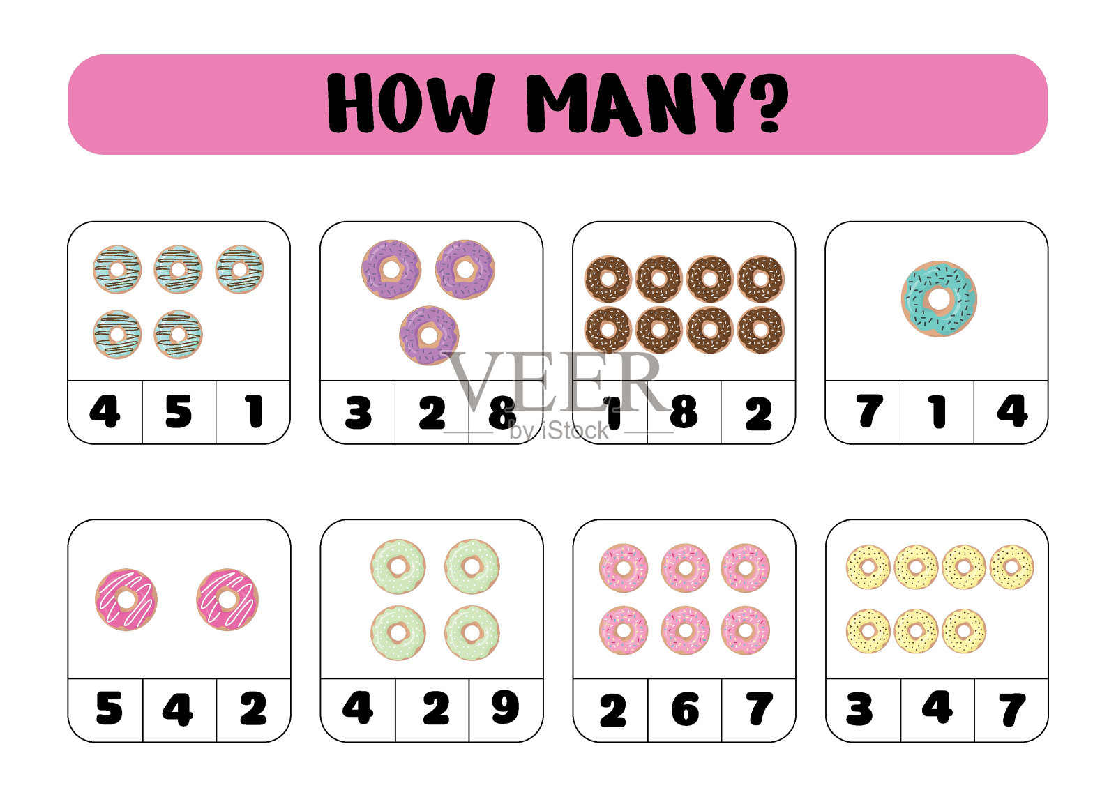 有多少捐款人。学前数数活动。可打印工作表。儿童教育游戏,适合学龄前儿童。数学任务。学习数学、数字。加法任务。插画图片素材