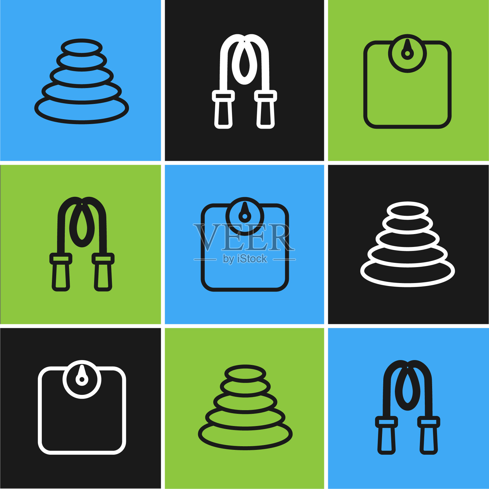 设置线堆叠热石,浴室秤和跳绳图标。向量插画图片素材