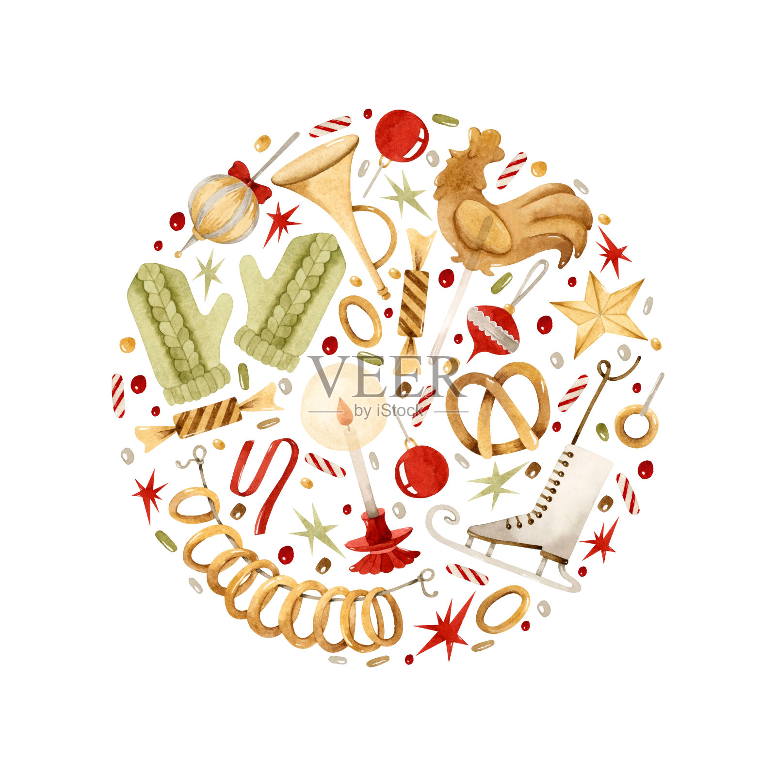 老式圣诞玩具圆形水彩插图插画图片素材