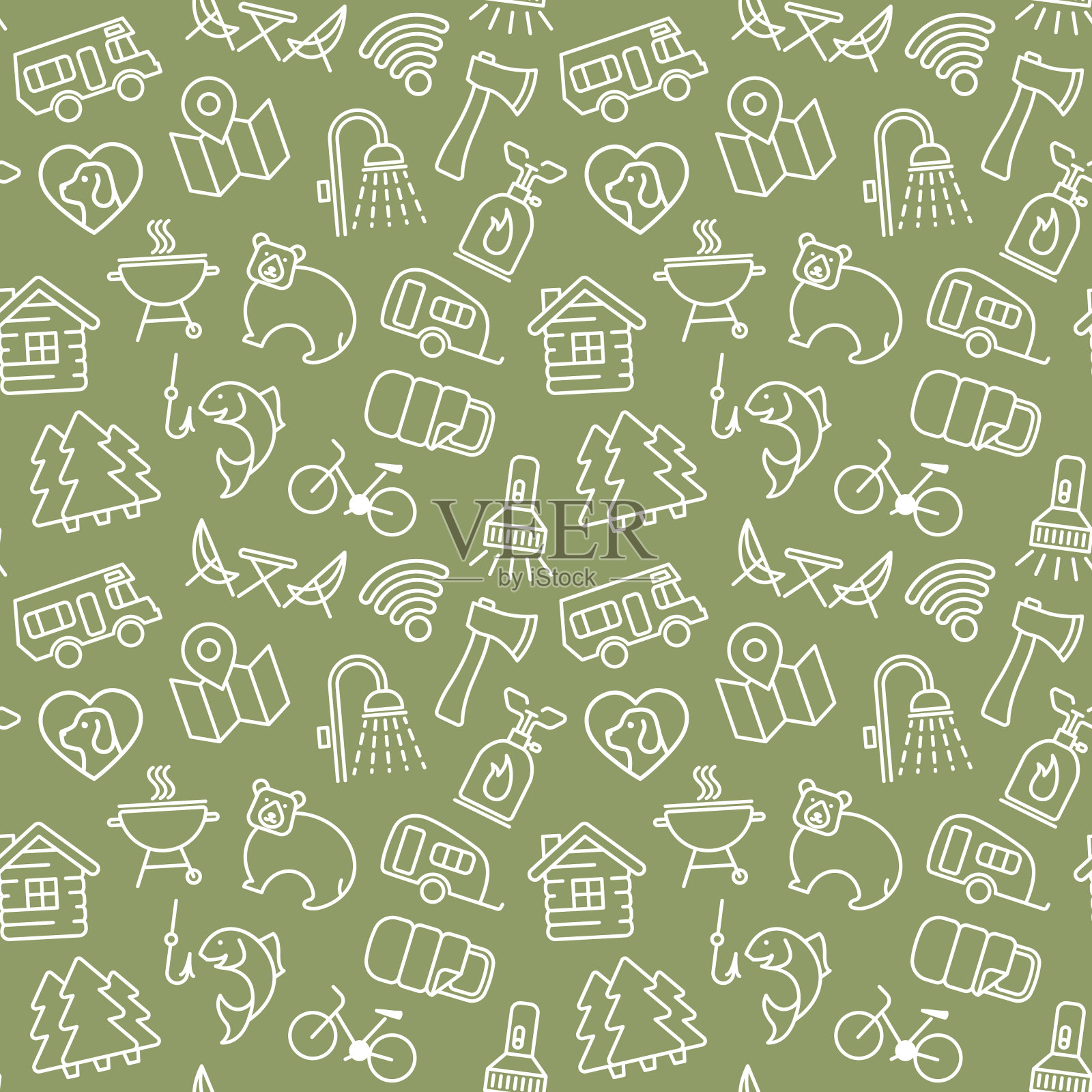 无缝的背景与露营和户外娱乐的线性符号插画图片素材