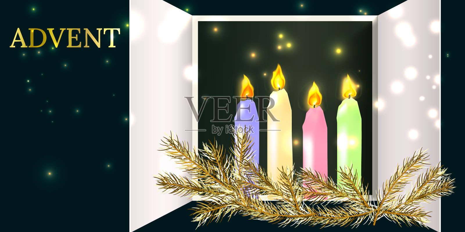 降临节的横幅上有四支蜡烛,杉树树枝插画图片素材
