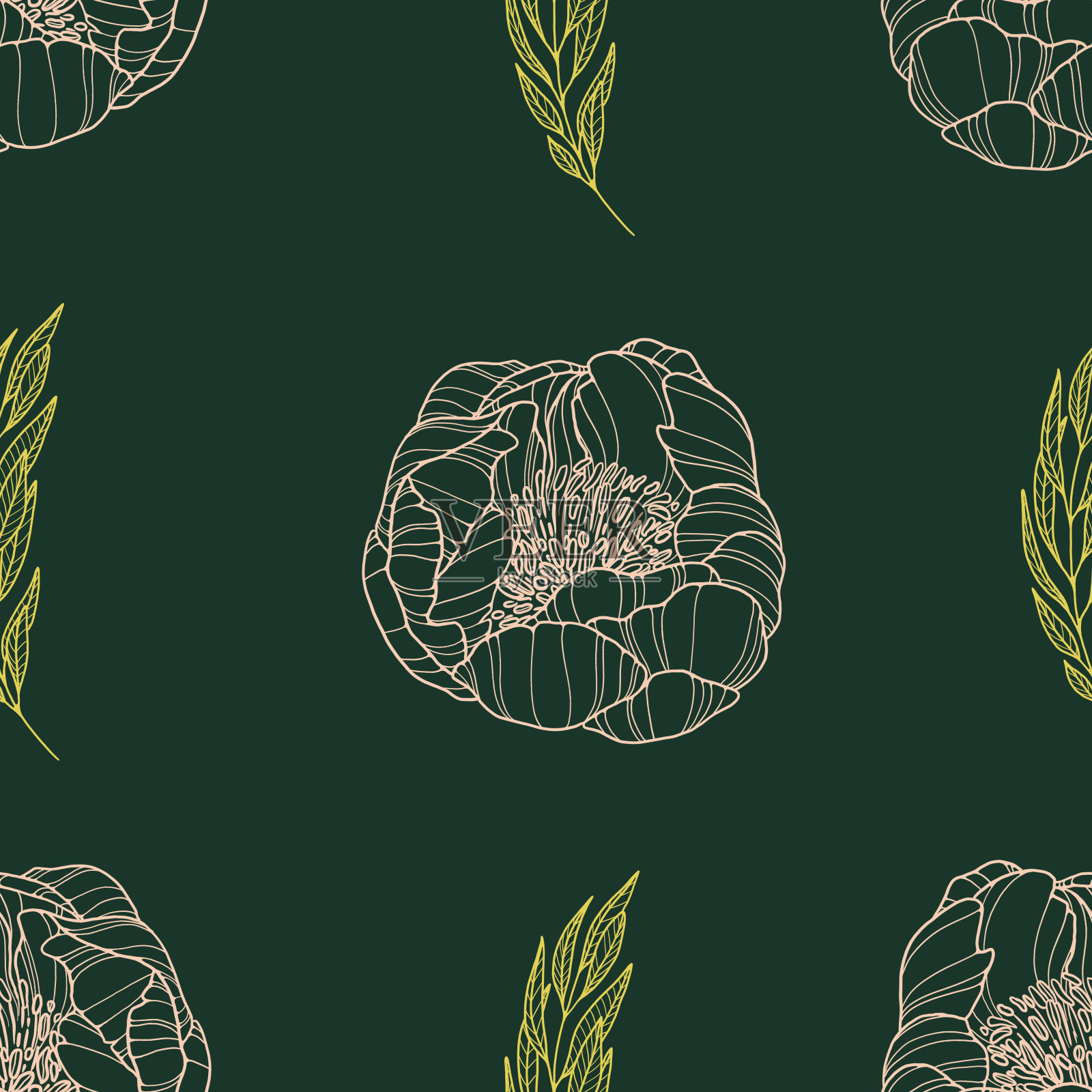 轮廓花图案在深绿色。包装、覆盖物、纺织品的插图插画图片素材