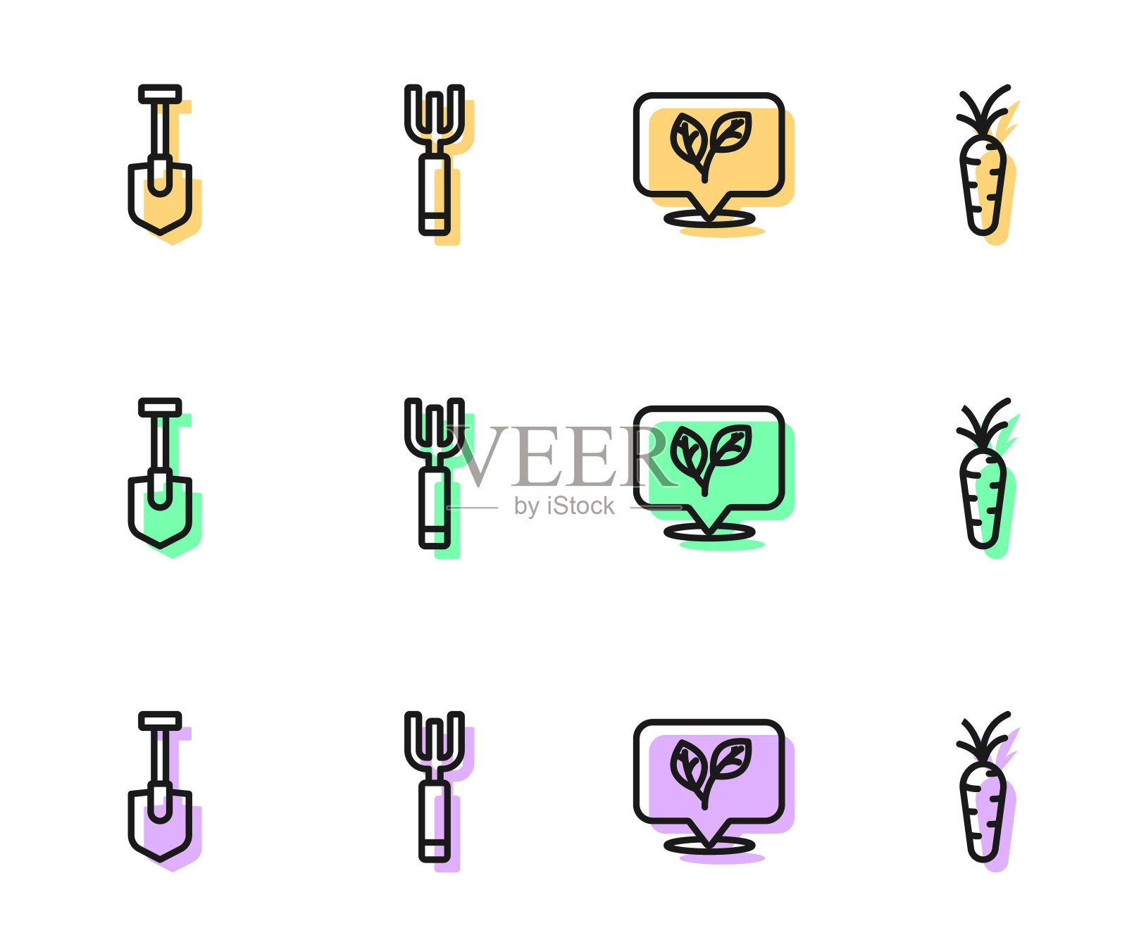 设置线叶子,铲子,花园干草叉和胡萝卜图标。向量插画图片素材