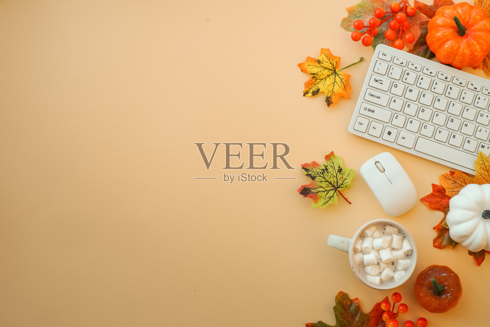 秋天的办公空间。秋平铺背景。照片摄影图片