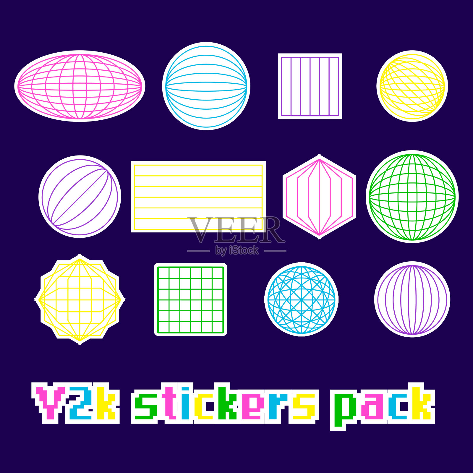 时髦的抽象形状。Groovy复古Y2K贴纸包。补丁在复古和未来主义风格。笔记本电脑、手机、衣服的装饰。向量插画图片素材