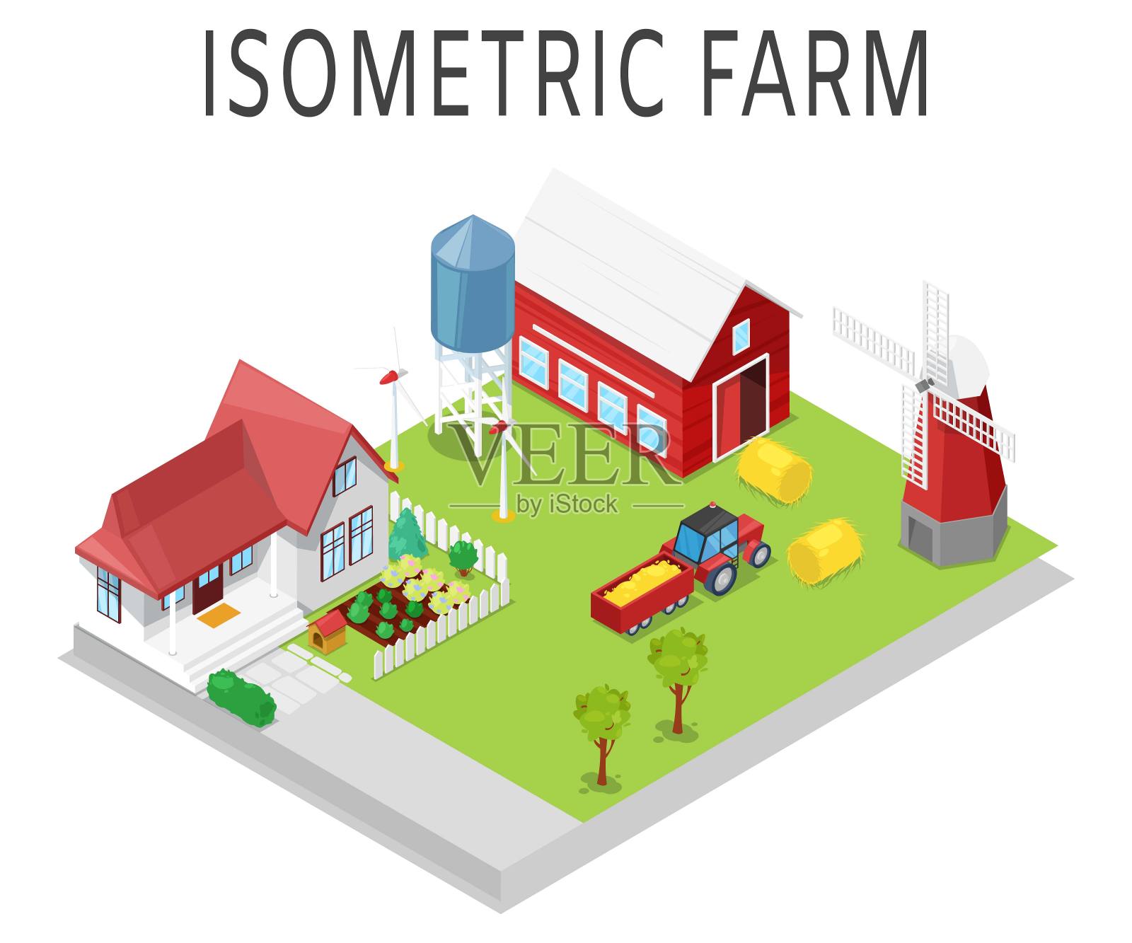 农场向量等距图。农用拖拉机,插画图片素材