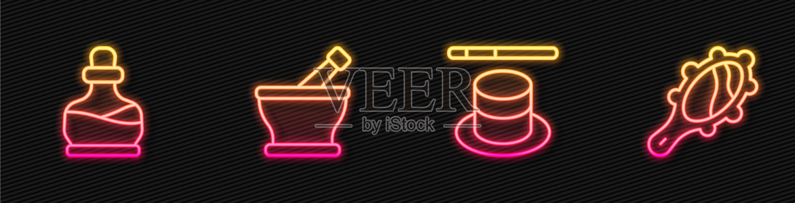 设置线魔法帽和魔杖瓶与药水插画图片素材