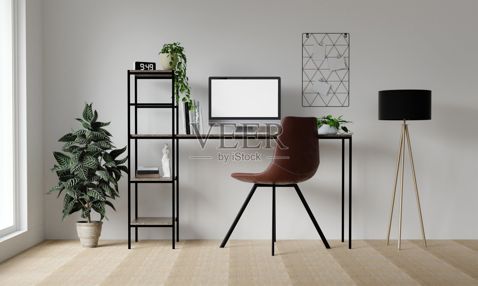 现代工作空间的空白屏幕PC模型,电脑,平板电脑和手机放在黑色的桌子上,正面是白色的墙。三维渲染照片摄影图片