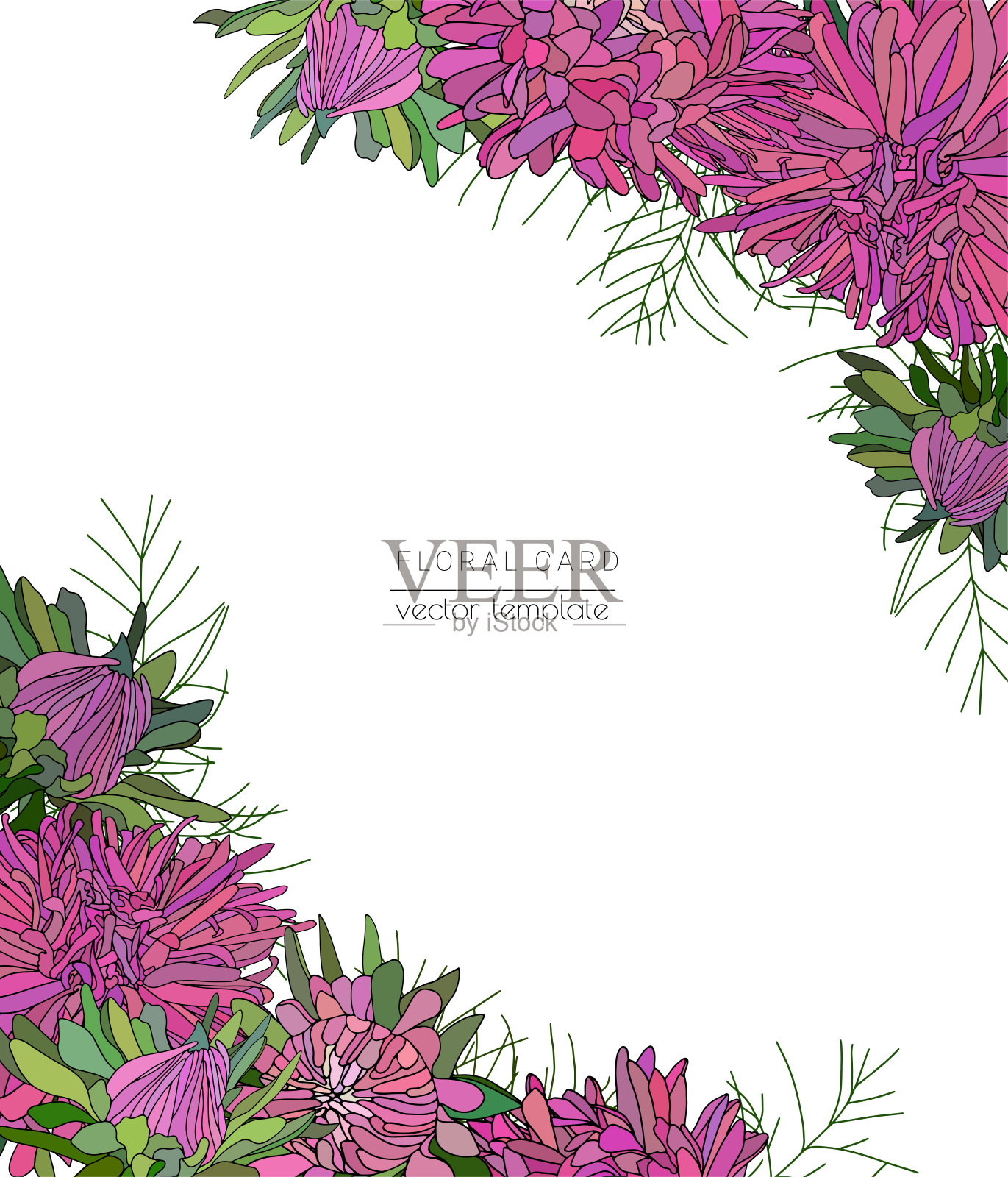 矢量手绘紫苑,雏菊,绿叶,植物花环的花边界插画图片素材