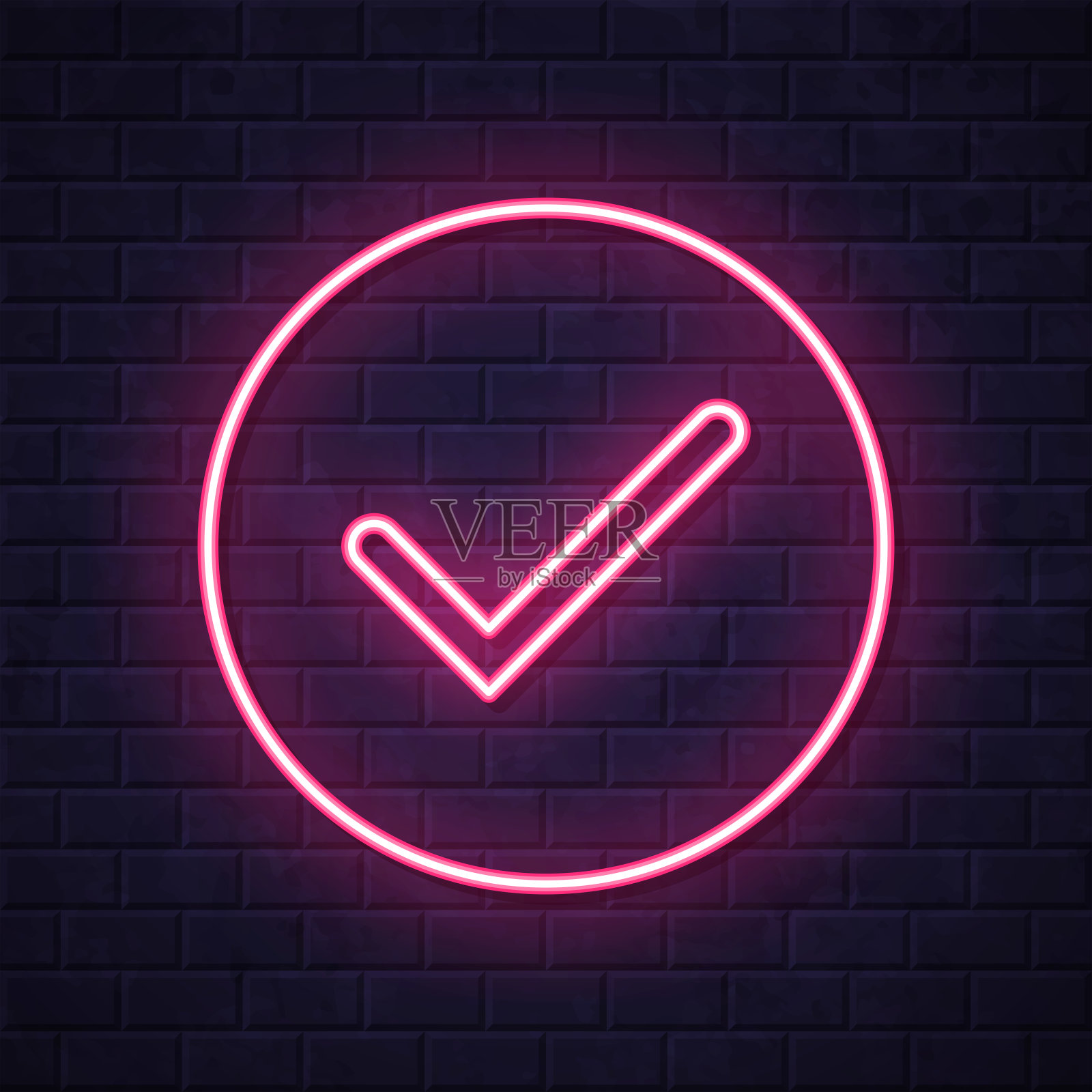 复选标记。在砖墙背景上发光的霓虹灯图标插画图片素材