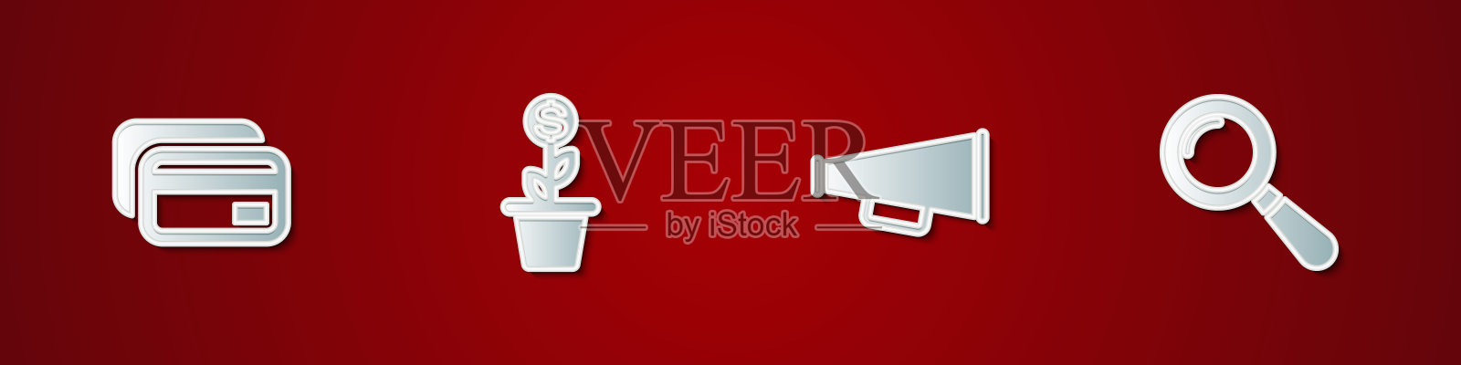 设置信用卡,美元植物在锅,扩音器和放大镜图标。向量插画图片素材