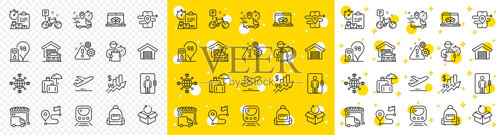 轮廓背包,停车场和加油站线图标。用于web应用程序。矢量插画图片素材