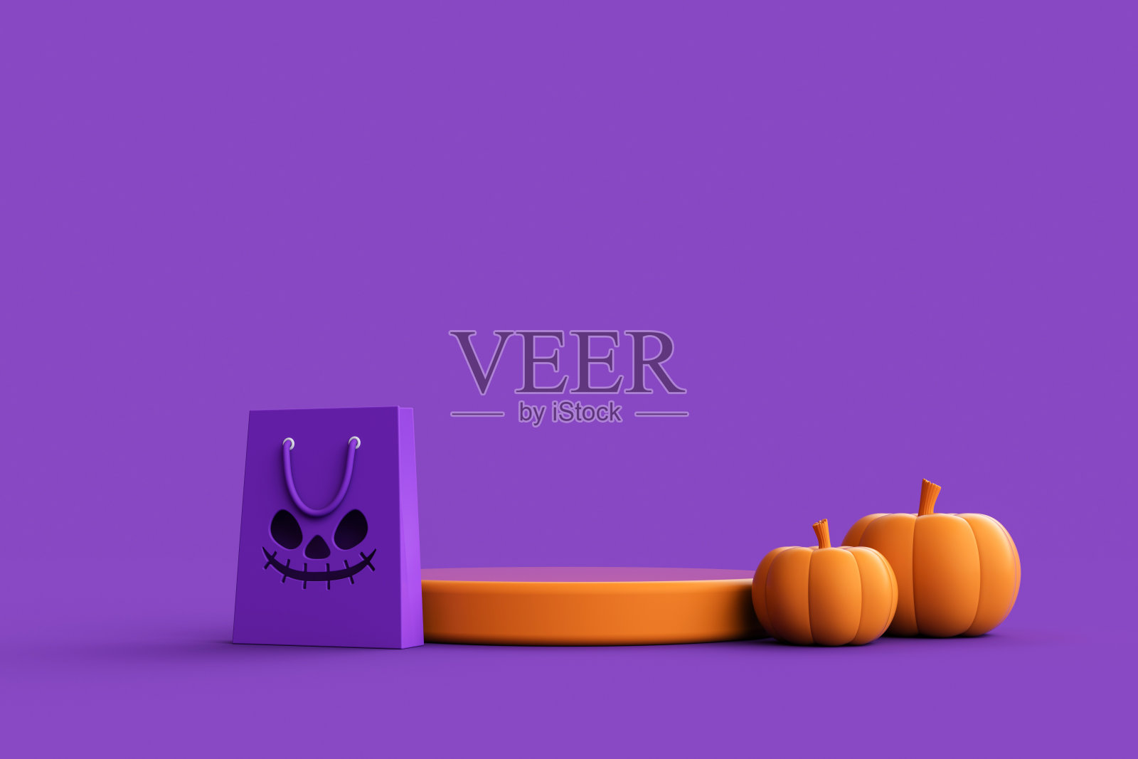 南瓜灯,紫色背景的产品展示平台和购物袋。照片摄影图片