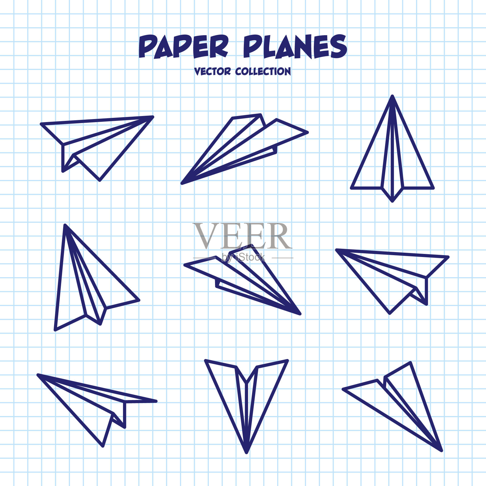 在方格纸上手绘平面。画画用的学校笔记本。涂鸦的飞机。飞机图标,简单的单色飞机轮廓。轮廓,线条艺术。矢量图插画图片素材