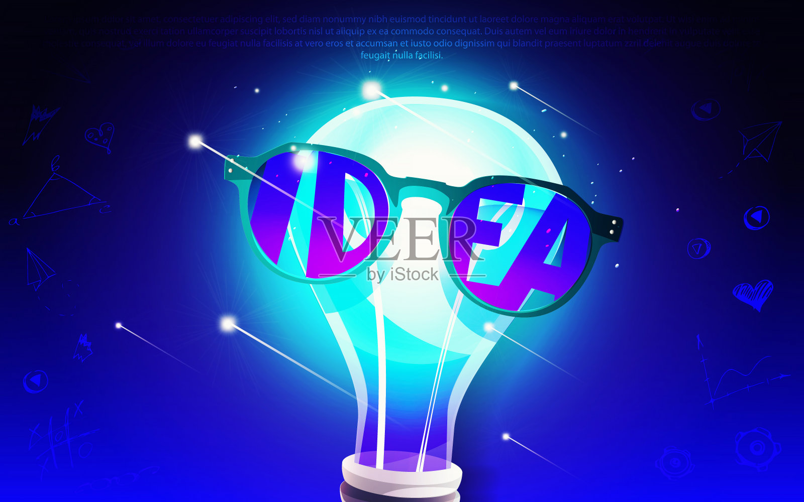 平面风格的创意和理念。拟人化燃烧飞行灯泡在一个抽象的未来主义背景与手绘。特写镜头。插画图片素材