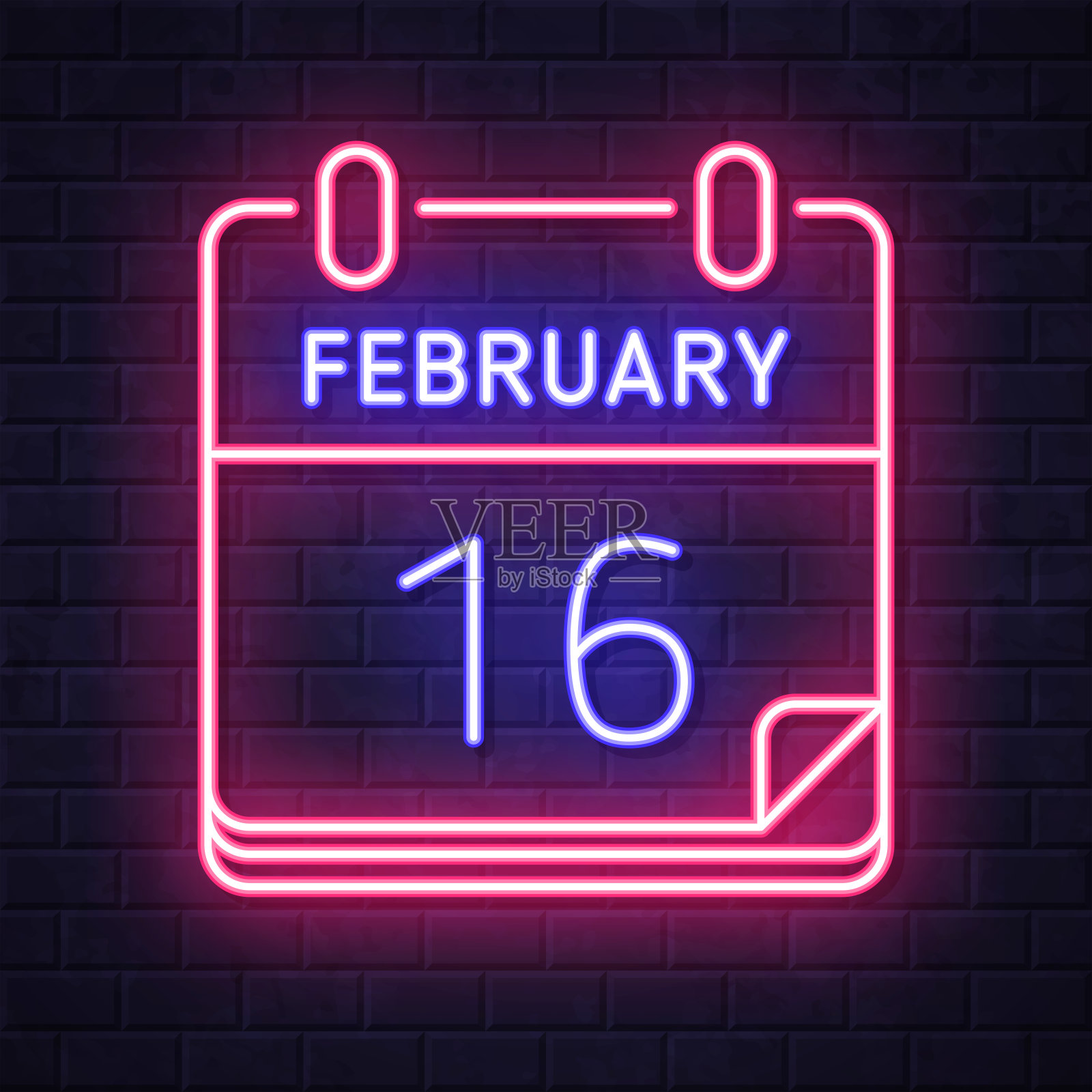 2月16日。在砖墙背景上发光的霓虹灯图标插画图片素材