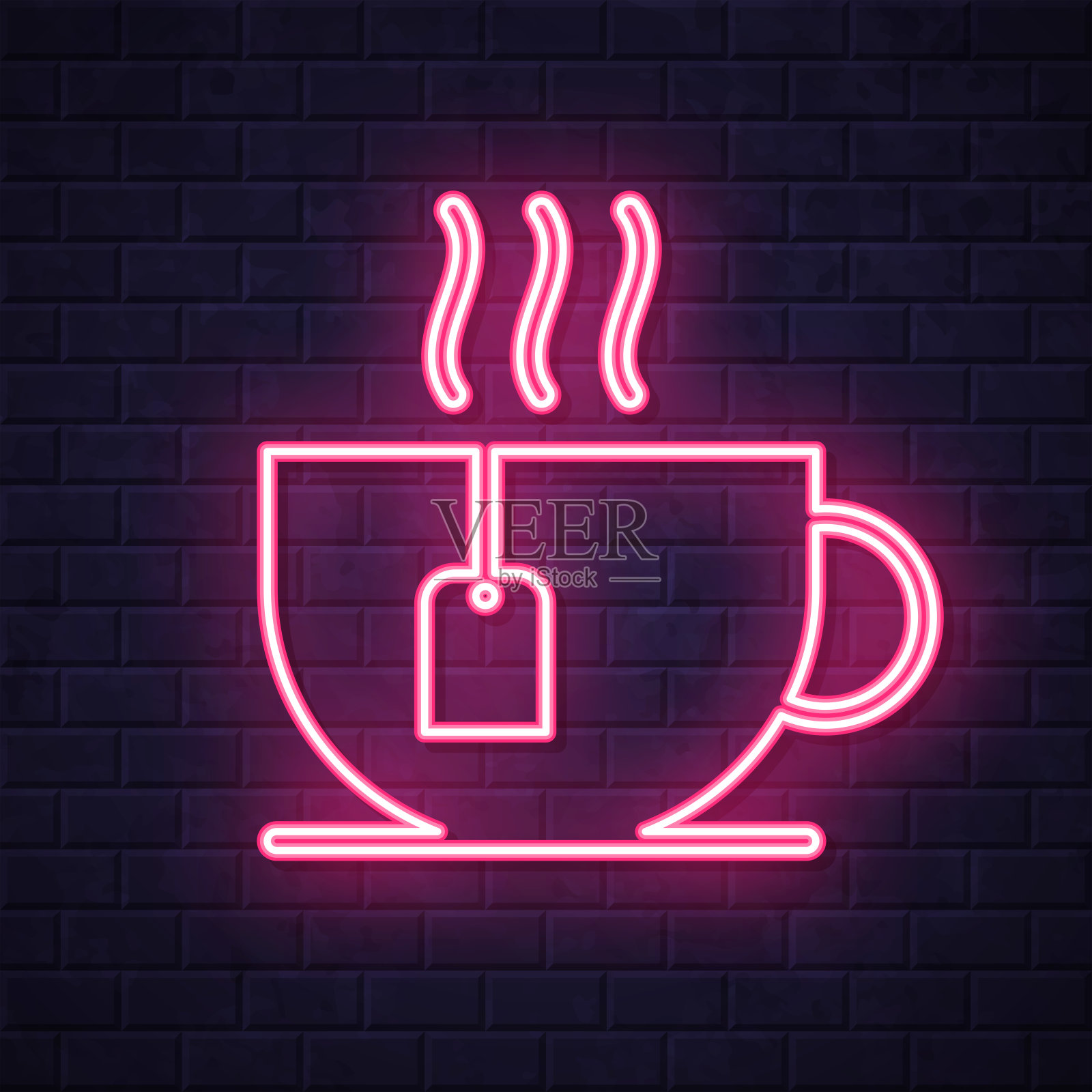 一杯茶。在砖墙背景上发光的霓虹灯图标插画图片素材