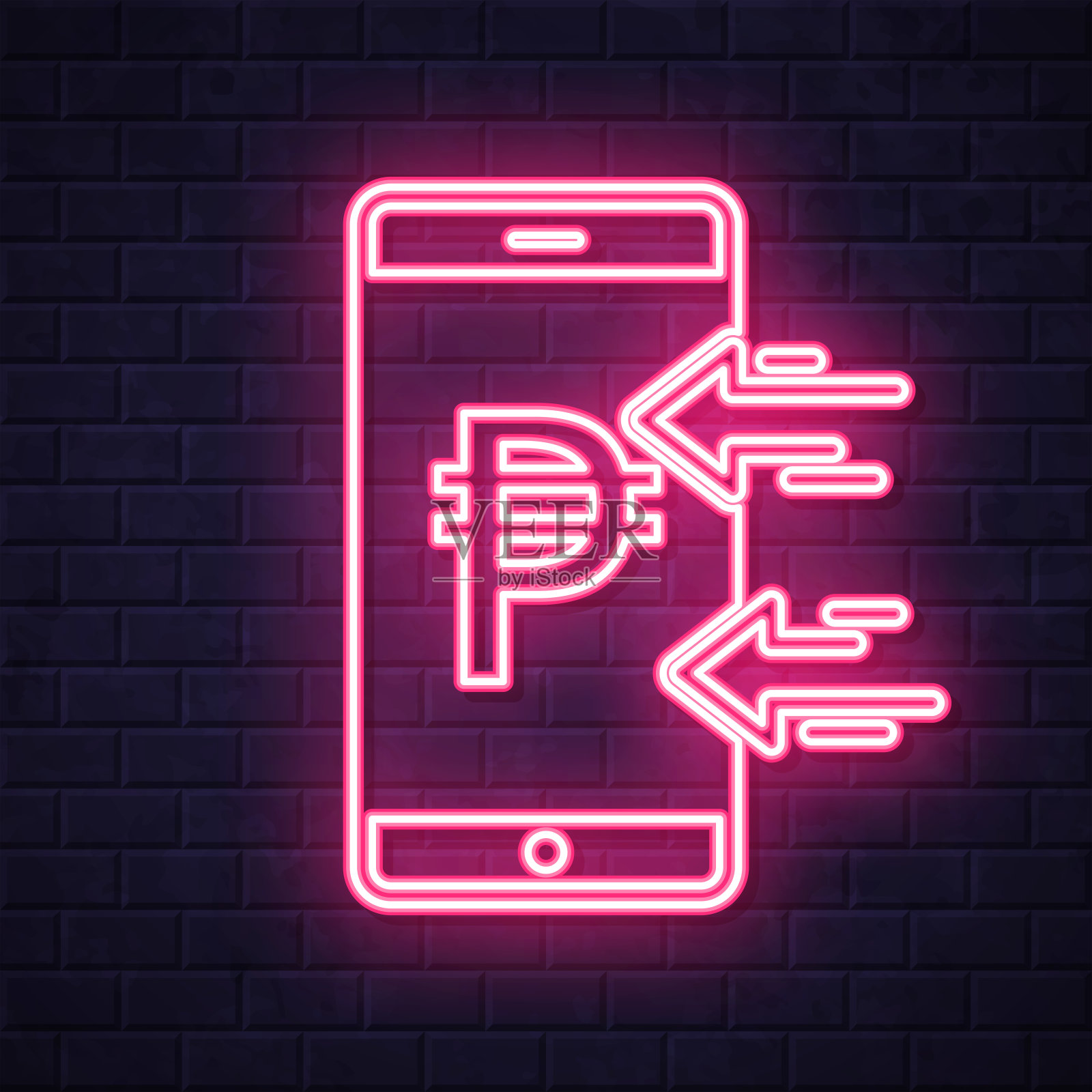 用智能手机接收比索。在砖墙背景上发光的霓虹灯图标插画图片素材