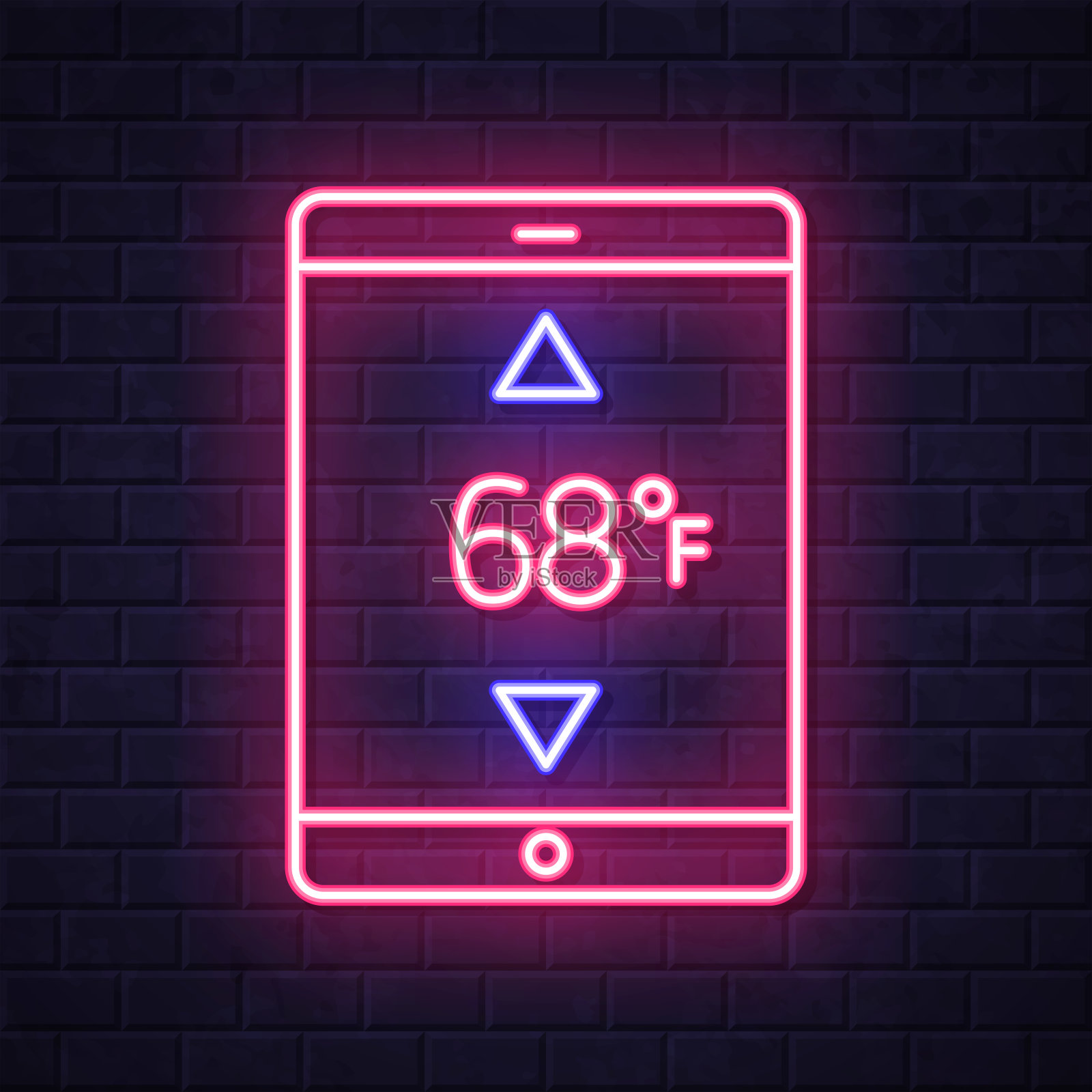 带加热控制的平板电脑。在砖墙背景上发光的霓虹灯图标插画图片素材