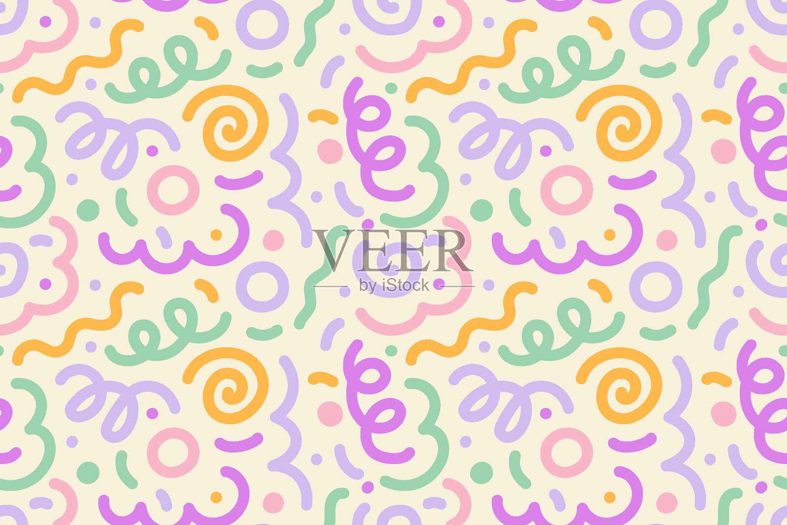 无缝图案的彩色抽象涂鸦印刷,潦草螺旋和波浪线。复古的80年代风格。乱墨乱画。矢量插图。插画图片素材