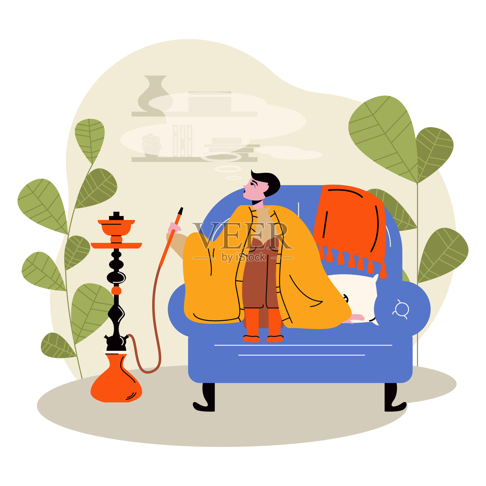 女士裹着毯子,拿着烟斗抽烟。年轻女性在现代酒吧休息插画图片素材