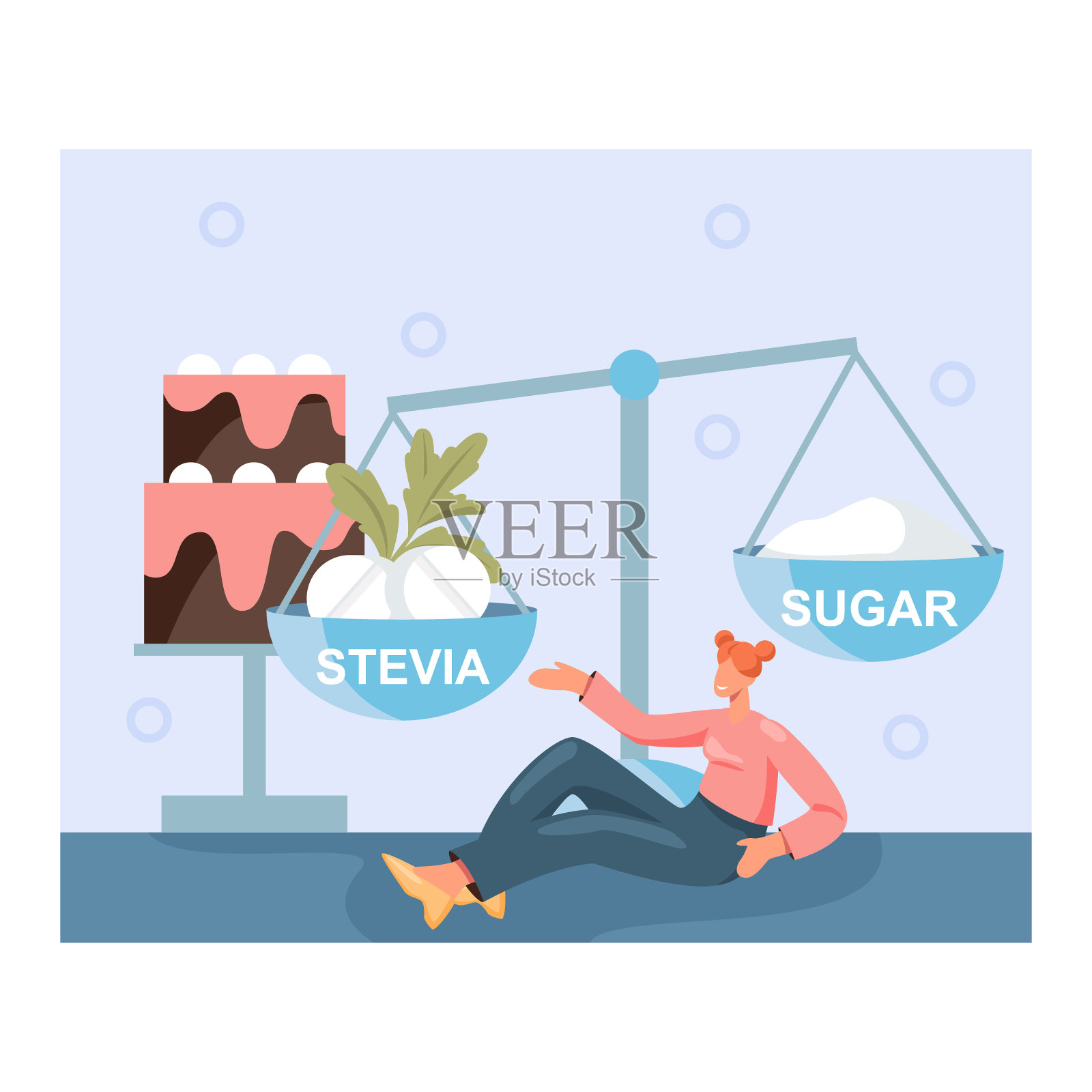 年轻女子坐在地板上,旁边是天平和大蛋糕。选择糖和甜菊糖的概念插画图片素材