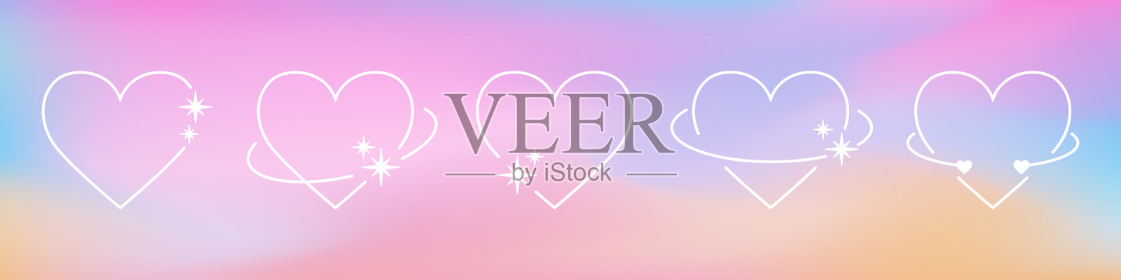 一套白色细线心形相框在Y2K美学,情人节的装饰,浪漫的画面边界与眨眼。矢量插图。插画图片素材