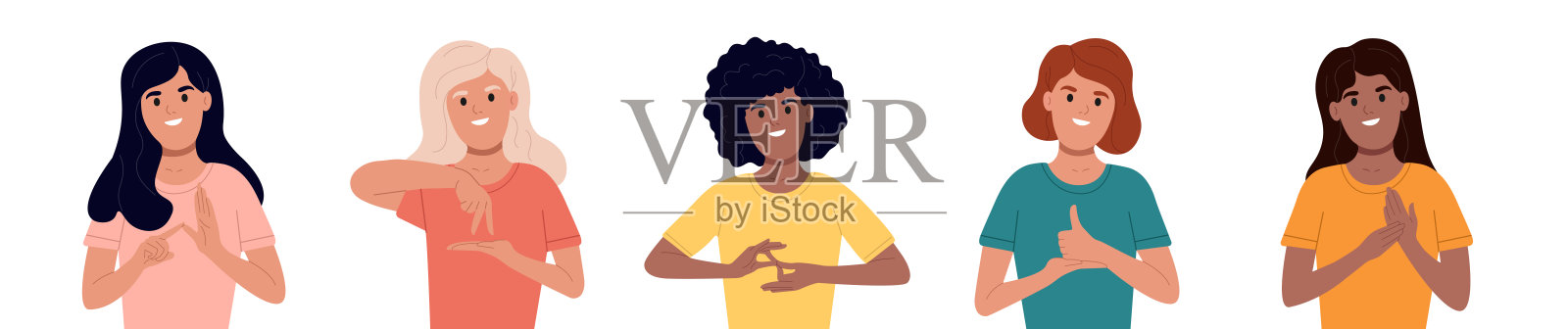 有听力障碍的多民族人群。聋哑人用手语交流。国际手语日。插画图片素材