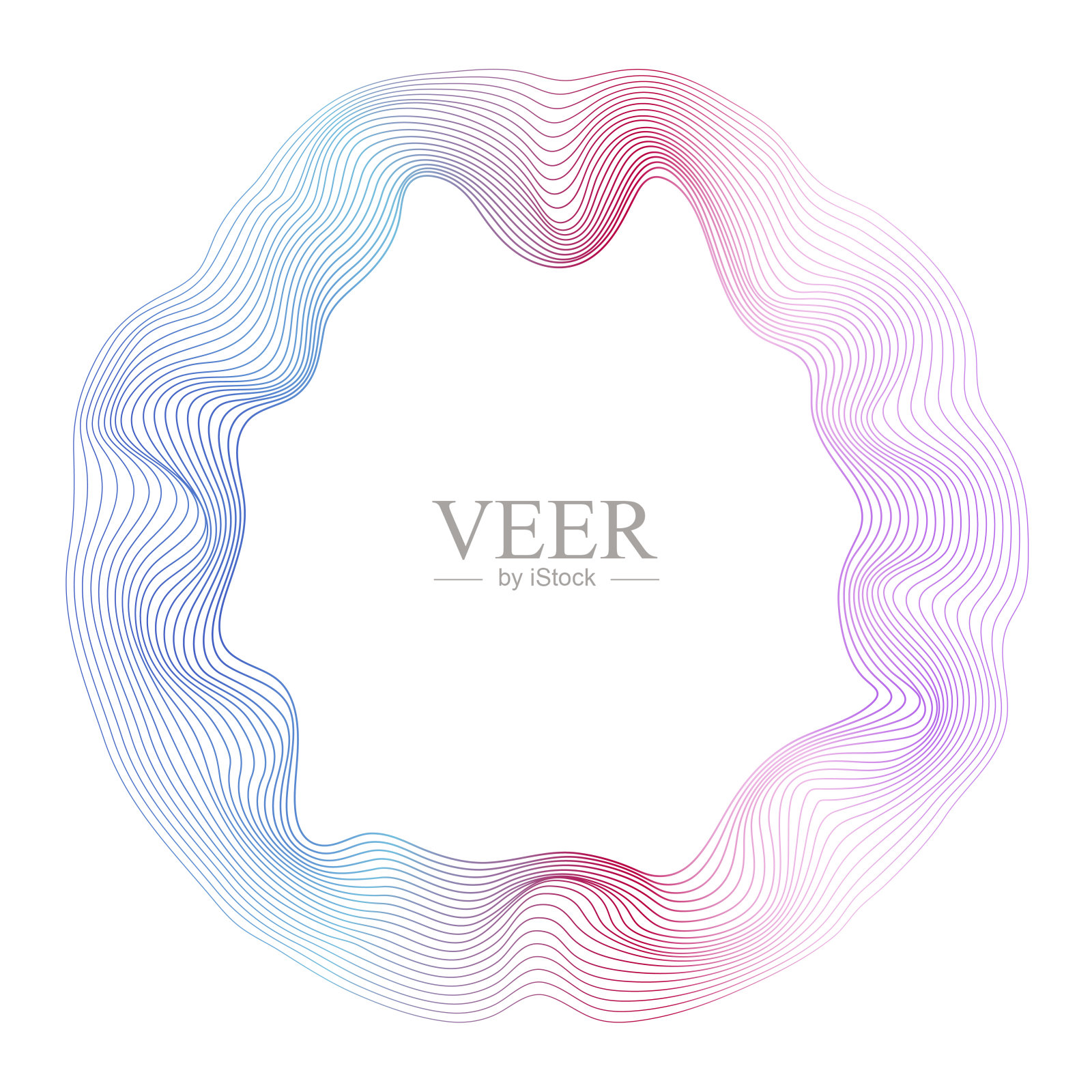 现代未来科学技术的声波设计。抽象的圆线波彩色紫色和蓝色梯度隔离在白色透明的背景。插画图片素材