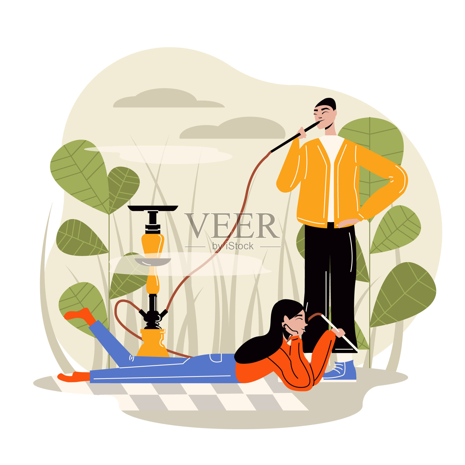 女性躺在地上,拿着烟斗,年轻男性站在旁边抽烟插画图片素材