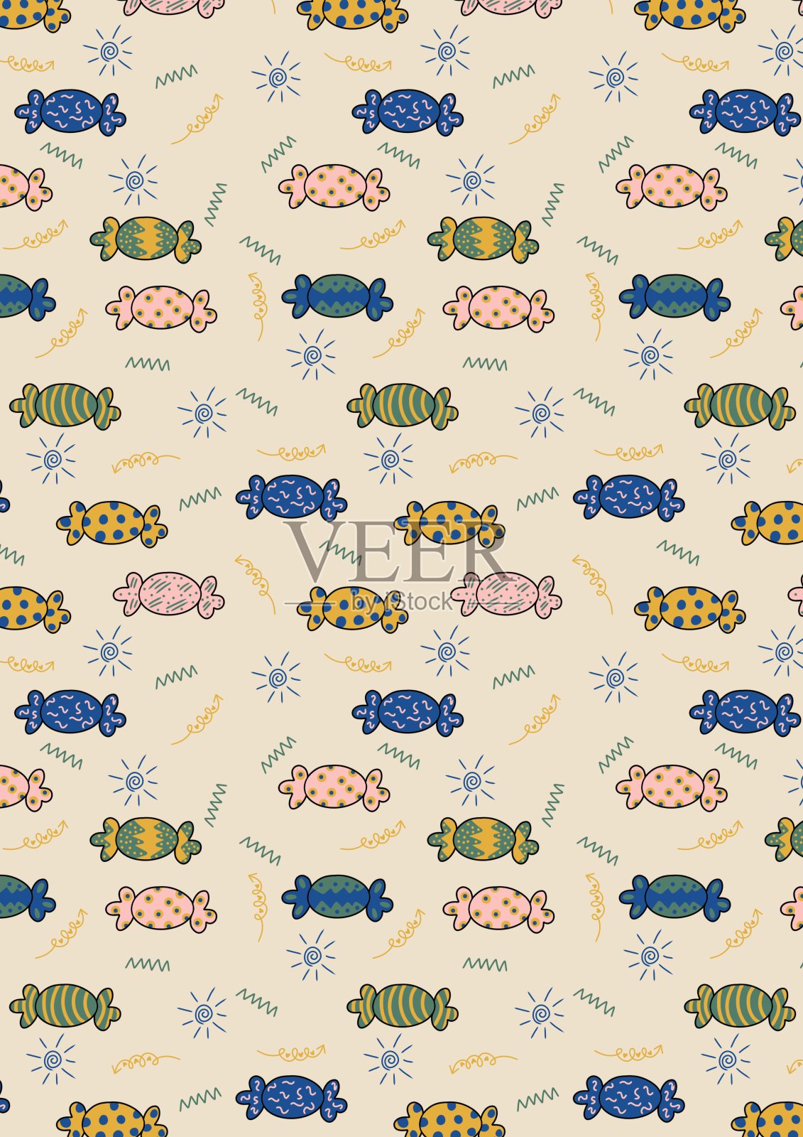 彩色糖果与奶油色背景的抽象装饰的插图。A2的大小。插画图片素材