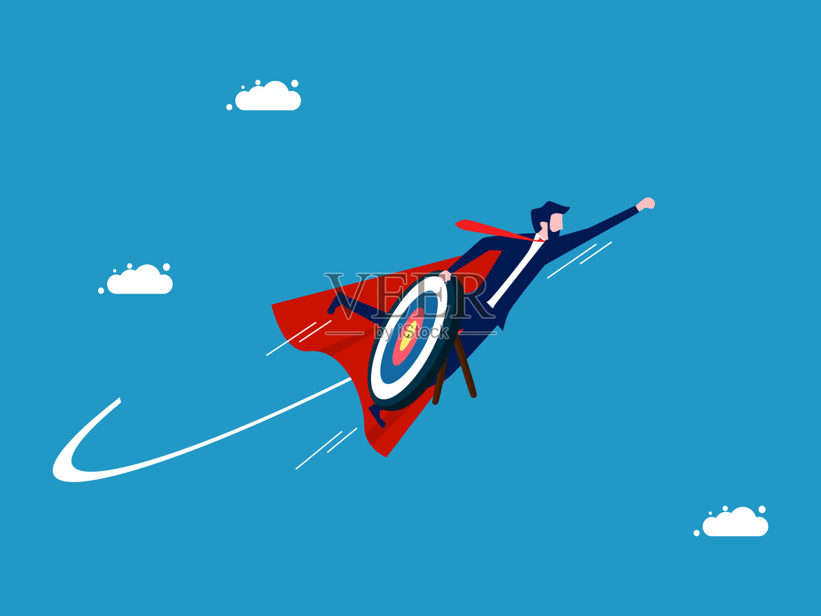 保存进球。商人英雄手持目标翱翔天际插画图片素材