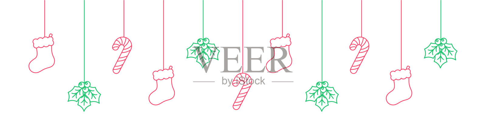 圣诞快乐边境横幅线艺术涂鸦,挂袜,槲寄生和糖果手杖花环。寒假季标题。网页横幅模板。矢量插图。插画图片素材