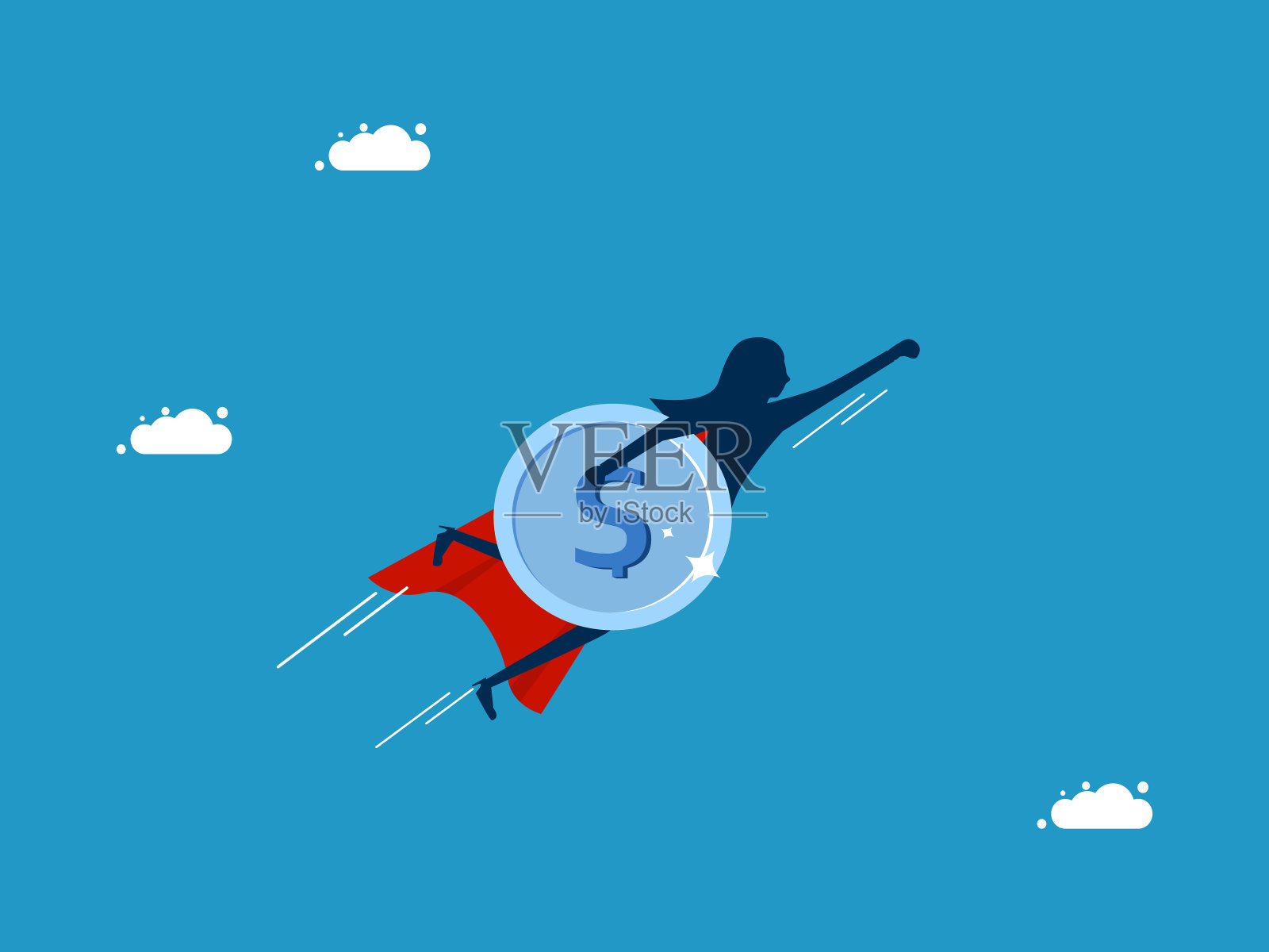 从金融和投资危机中复苏。手持硬币的女商人英雄在天空中翱翔插画图片素材