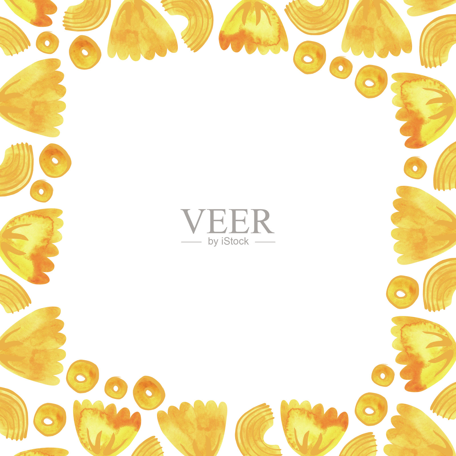 不同种类意大利面食的方形框架,用于设计菜单、证书和小册子,以及为咖啡馆做广告。孤立的水彩插图。剪纸艺术。插画图片素材