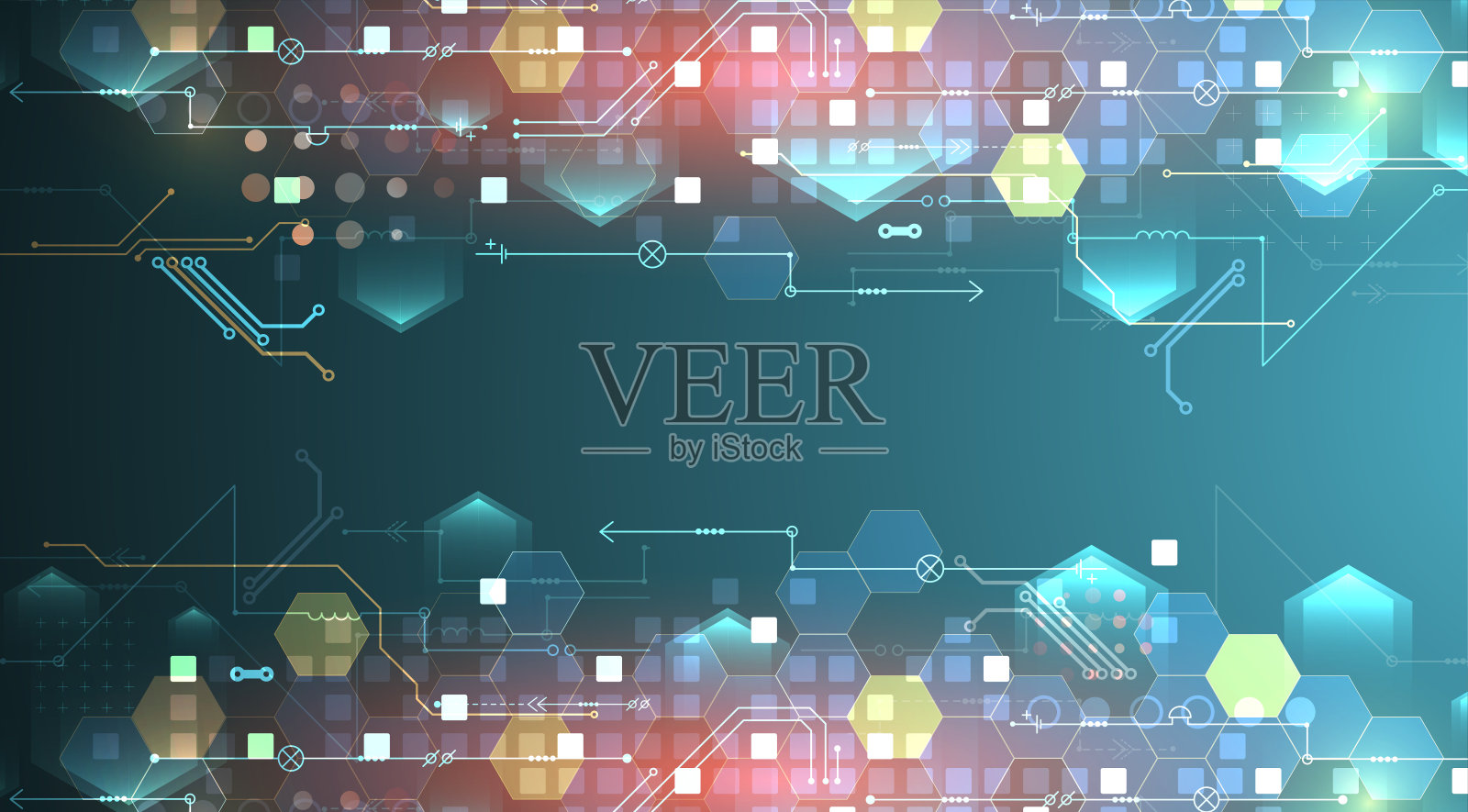 在渐变色背景上抽象电路板和六边形。高科技数码科技理念。插画图片素材