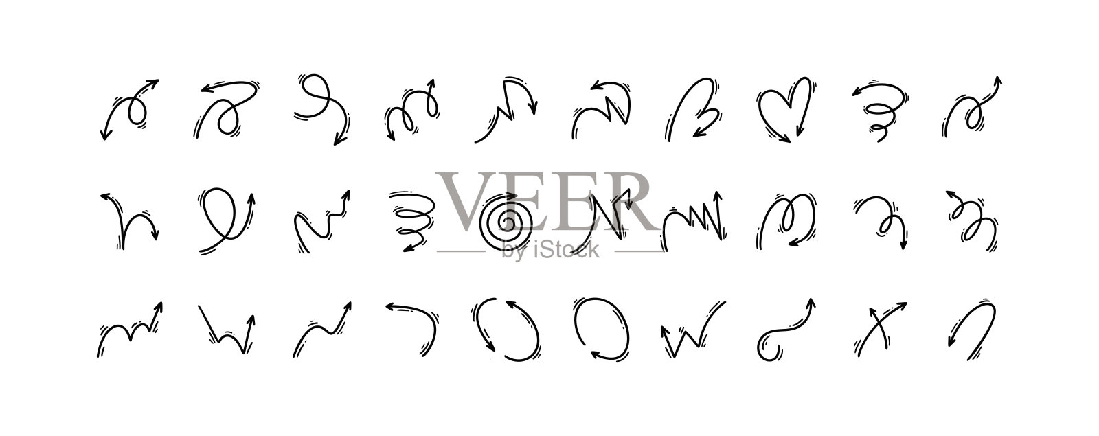 可爱的线涂鸦箭头集。漫画、卡通的动作表达设计元素。弹跳、旋转、扭曲、运动效果插画图片素材