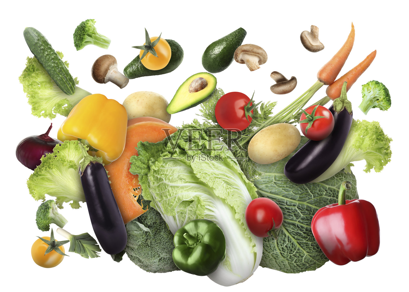 在白色的背景上飞舞着新鲜成熟的蔬菜照片摄影图片