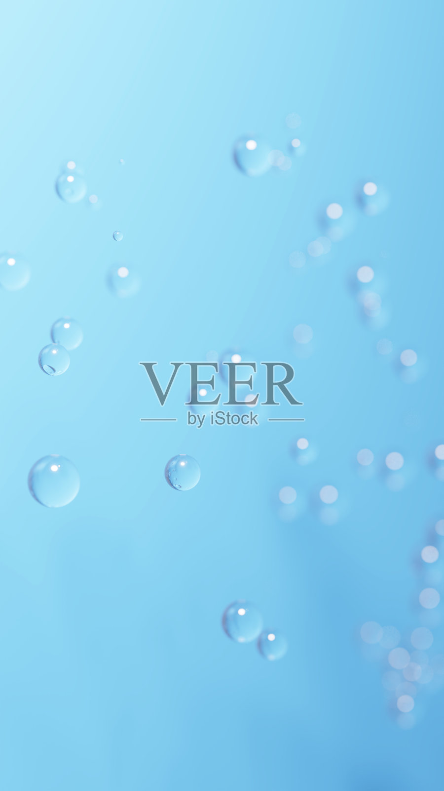 3 d演示。在浅蓝色的背景上有很多透明的气泡。(垂直)照片摄影图片