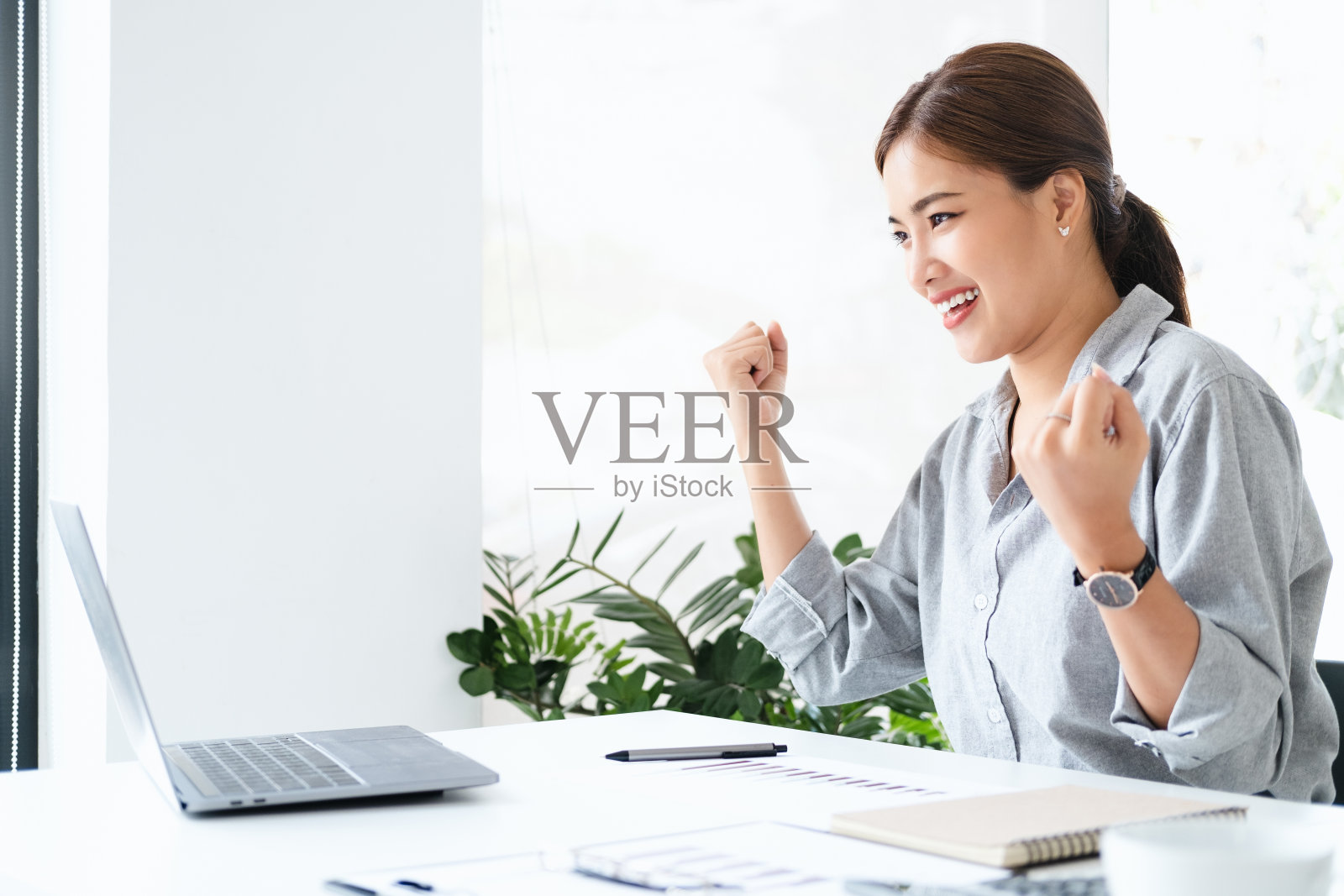 美丽的亚洲女孩用笔记本电脑庆祝,成功快乐的姿势。电子商务,大学教育,互联网技术,或创业小公司的概念。带复印空间的现代办公室或客厅照片摄影图片