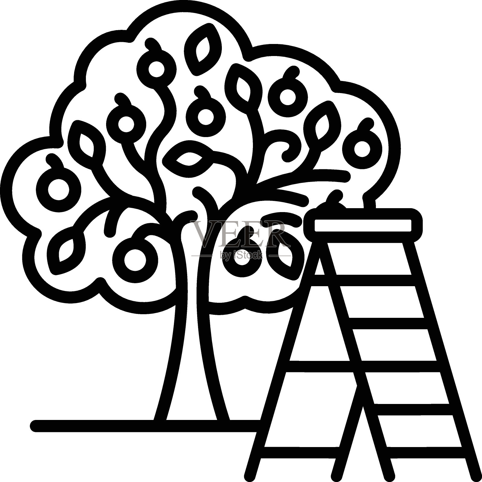 梯子在果园矢量轮廓图标设计,草坪和园艺符号,农场和植物标志,农业和园艺设备库存插图,水果采摘过程的概念插画图片素材