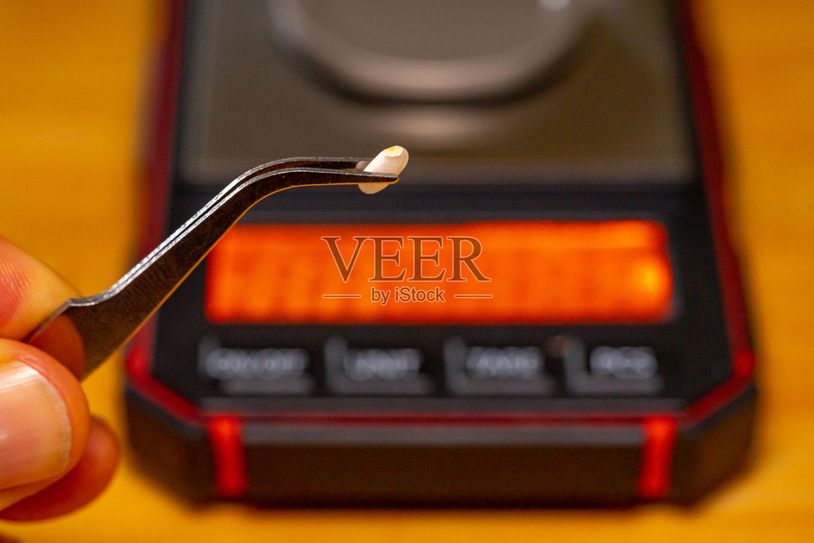 用夹子夹住大米、浆果、玉米,准备用高精度秤称重照片摄影图片