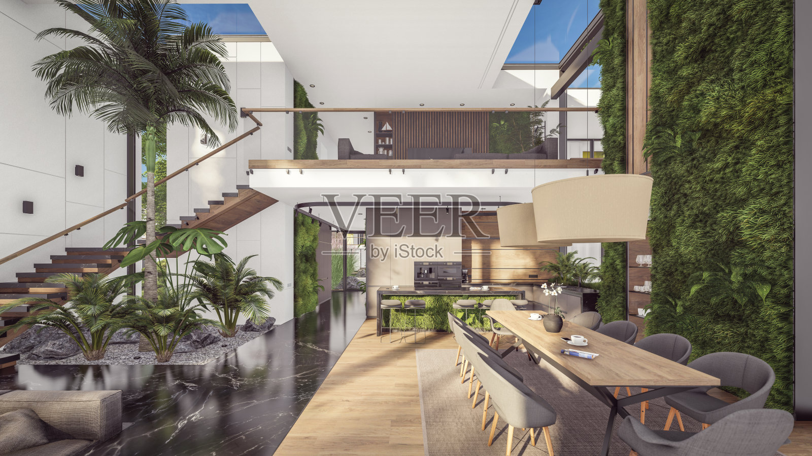 3d渲染昂贵舒适的室内与绿色的墙壁在晚上照片摄影图片