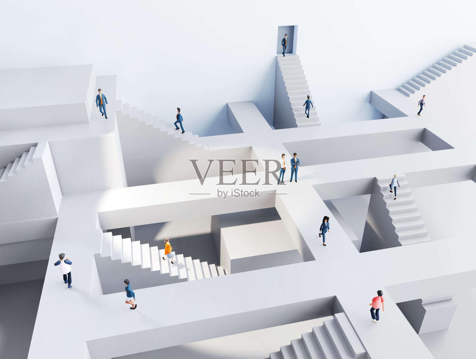 在一个抽象的商业环境中,许多商人在楼梯上跑来跑去。3D渲染图照片摄影图片
