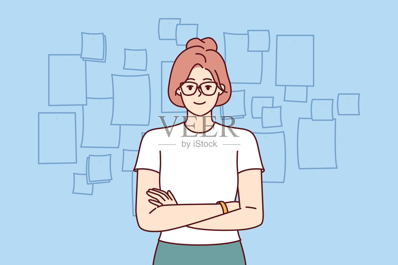 自信的女经理双臂交叉站在看板旁,看着屏幕插画图片素材